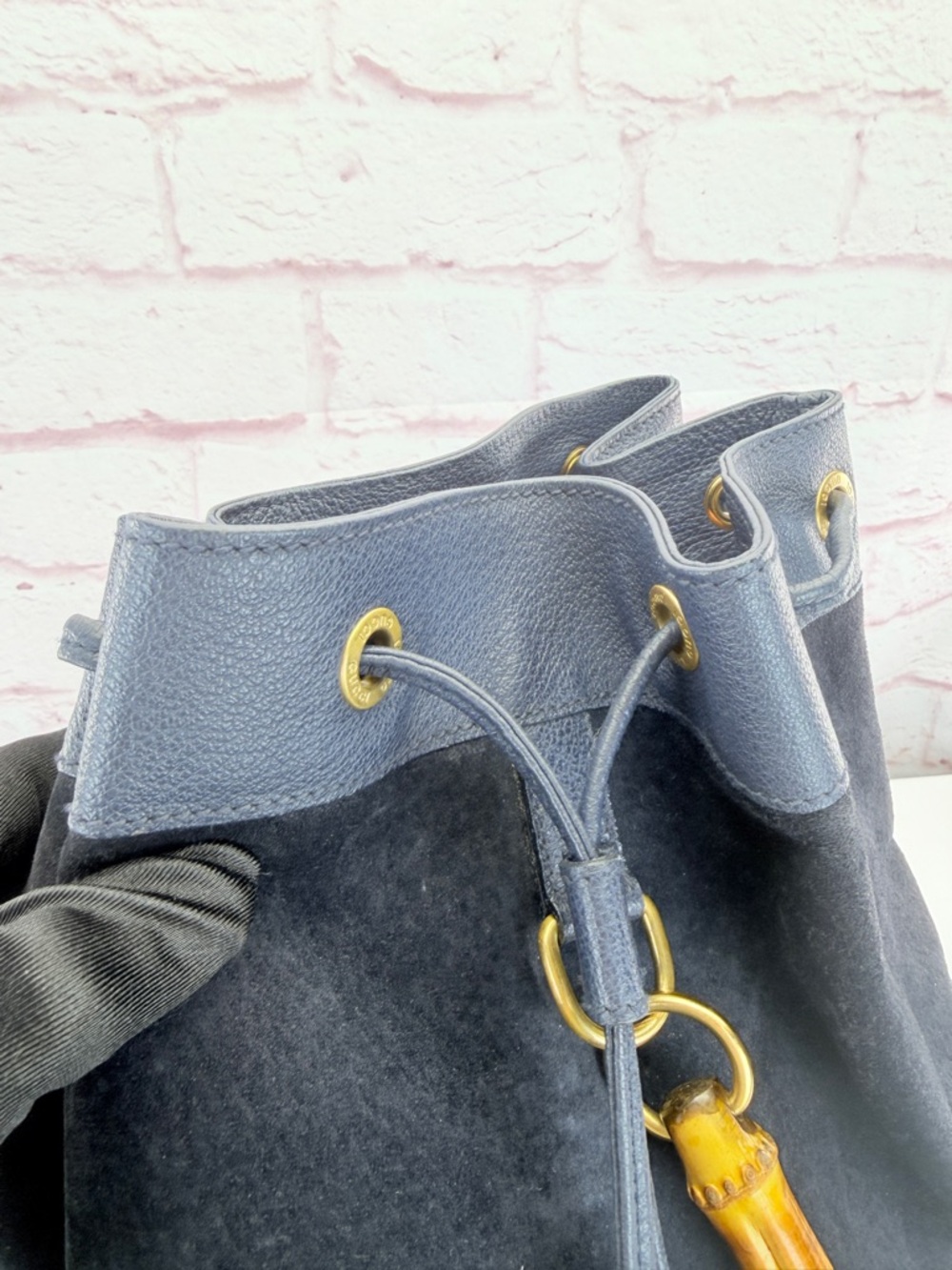 Gucci Navy Suede Bamboo Vintage Drawstring Backpack - Picture 8 of 15